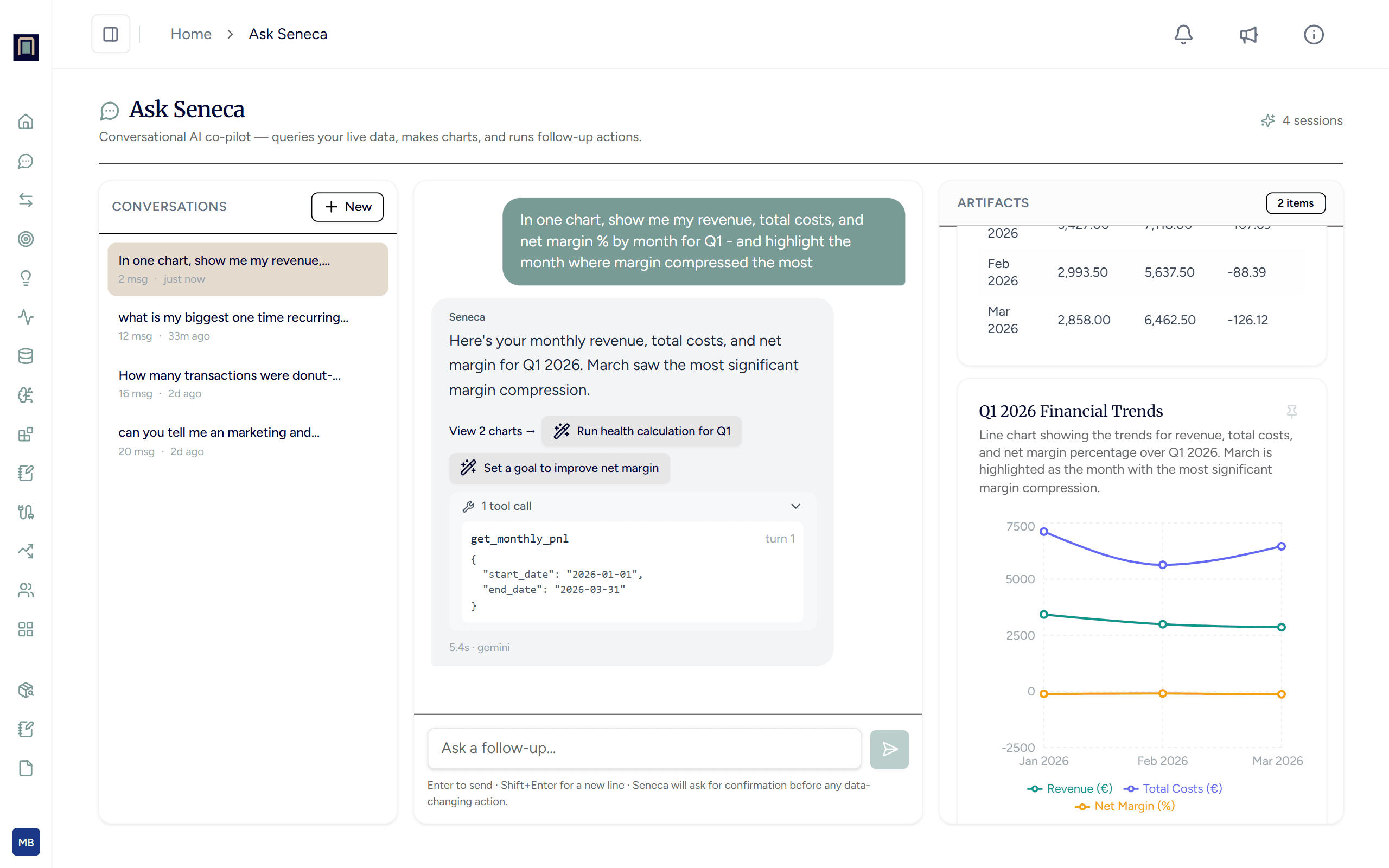 Ask Seneca AI query interface with generated chart